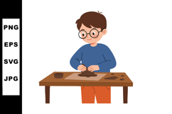 Boy sculpting clay on wooden table in creative art activity Product Image 1