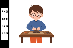 Boy shaping clay at table with tools in creative pottery act Product Image 1