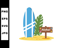 Surfboards with tropical leaf and aloha wooden sign on sandy Product Image 1