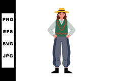 Woman standing with hands on hips wearing green vest and yel Product Image 1