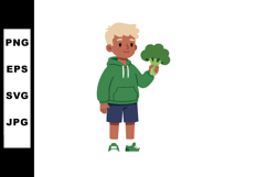 Boy holding broccoli healthy eating habit green hoodie casua Product Image 1
