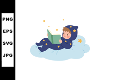 Baby wearing star pajamas reading book lying on cloud vector Product Image 1