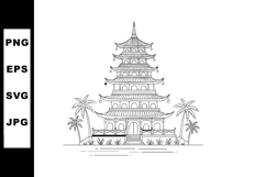 Traditional Asian Pagoda Temple with Palm Trees Vector Illus Product Image 1