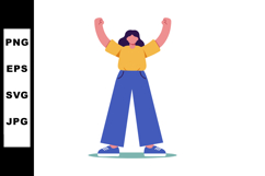 Confident woman raising arms in yellow shirt and blue pants Product Image 1