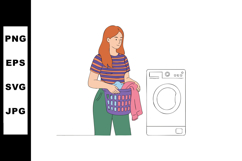 Woman Doing Laundry with Washing Machine and Clothes Basket Product Image 1