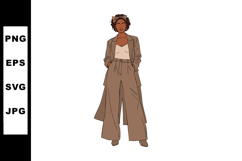 Stylish confident woman in brown wide leg pants and coat sta Product Image 1