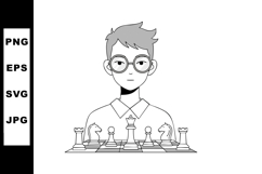 Boy playing chess with serious expression and large glasses Product Image 1