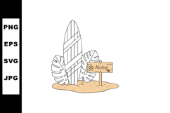 Surfboard with tropical leaves and aloha sign on sandy beach Product Image 1