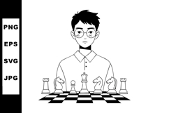 Young man playing chess with detailed chess pieces vector il Product Image 1