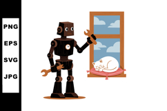 Wooden robot with clock chest near window with sleeping cat Product Image 1