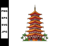 Traditional Asian Pagoda with Palm Trees and Red Roof Archit Product Image 1