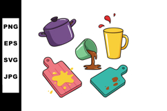 Kitchen utensils and cookware with colorful spills and splas Product Image 1