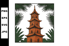Ancient Asian Pagoda Tower with Palm Leaves Framing Traditio Product Image 1
