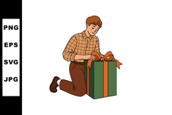 Boy kneeling to open green gift box with orange ribbon and b Product Image 1