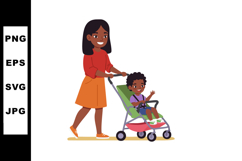 Woman pushing child in stroller outdoors smiling happy famil Product Image 1