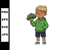 Boy holding fresh broccoli vegetable in green hoodie and sho Product Image 1