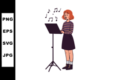Young woman singing from music stand with musical notes vect Product Image 1