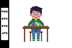 Boy with Glasses Sitting at Table Playing with Colorful Pom Product Image 1