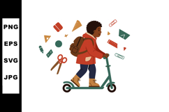 Boy riding green scooter with backpack surrounded by school Product Image 1