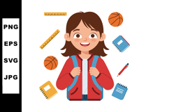 Smiling schoolgirl with backpack surrounded by basketballs a Product Image 1