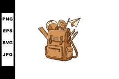 Brown leather backpack with school supplies and paper airpla Product Image 1