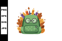 Cute green backpack with smiling pencils and autumn leaves v Product Image 1