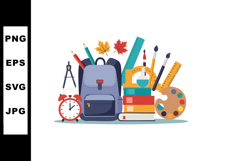 School supplies and autumn leaves with backpack and art tool Product Image 1