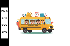 School bus with happy children and school supplies vector il Product Image 1