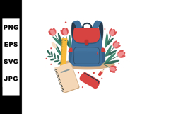 School backpack with red and blue colors surrounded by noteb Product Image 1