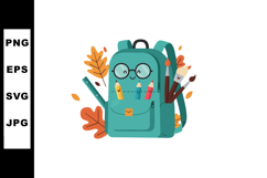 Cute teal backpack with smiling stationery and autumn leaves Product Image 1