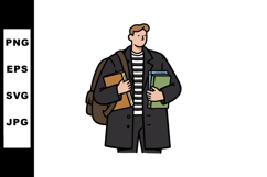 Young student carrying books and backpack wearing black coat Product Image 1