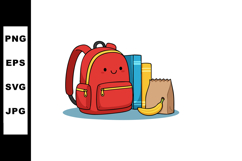 Red backpack with lunch bag banana and blue yellow books bac Product Image 1