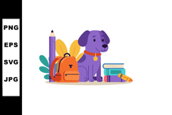 Purple dog with school backpack pencil and books vector illu Product Image 1