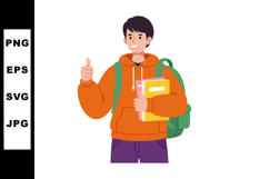 Student with orange hoodie holding books and green backpack Product Image 1