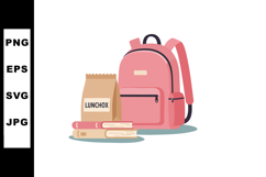 Pink Backpack with Books and Lunchbox Bag Vector Illustratio Product Image 1