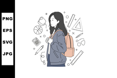 Young female student with backpack surrounded by study and s Product Image 1
