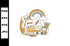 School supplies backpack bus pencils rainbow illustration in Product Image 1