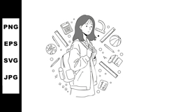 Female student with backpack surrounded by school supplies v Product Image 1