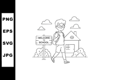 Boy walking with backpack near welcome to school sign and ho Product Image 1