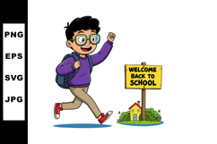 Schoolboy with backpack running happily near welcome back to Product Image 1
