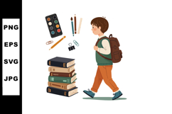 Schoolboy walking with backpack and stack of books with stat Product Image 1