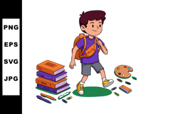 Boy with backpack and art supplies walking near books and dr Product Image 1