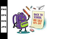 Purple backpack cartoon holding pen with back to school big Product Image 1