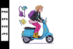 Young Woman Riding Blue Vintage Scooter with Backpack and Sc Product Image 1