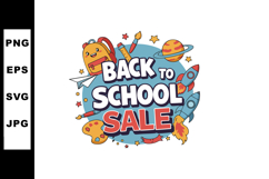 Back to school sale with backpack rockets planets and art su Product Image 1