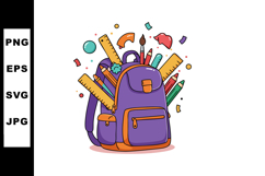 Purple and orange backpack filled with colorful school suppl Product Image 1