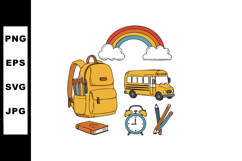 School supplies backpack bus clock pencils book rainbow vect Product Image 1