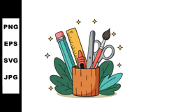 Pencil Ruler Scissors Paintbrush and Crayon in Wooden Holder Product Image 1