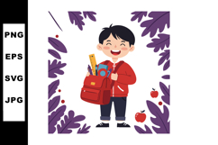Happy boy with red backpack carrying school supplies and app Product Image 1