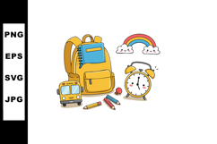 Yellow School Backpack with Alarm Clock Bus and Rainbow Vect Product Image 1